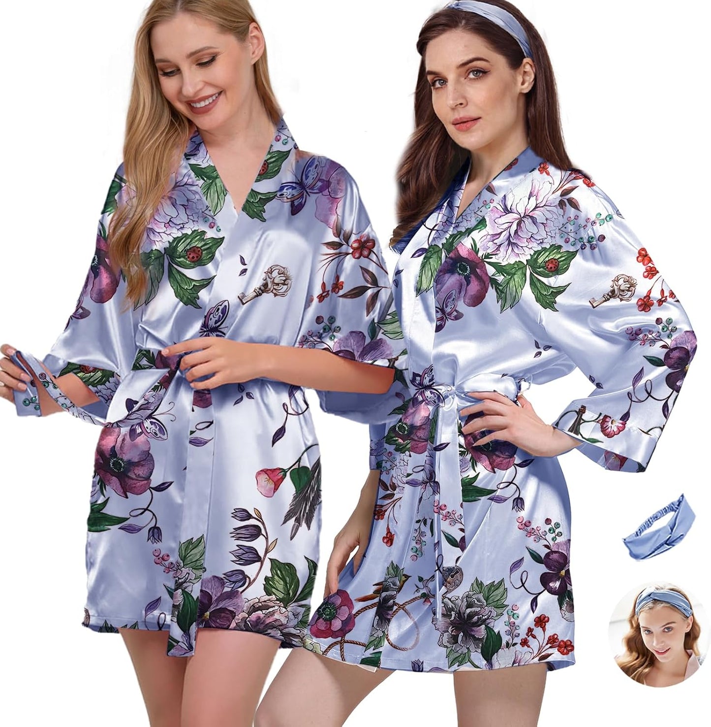 2Pcs Womens Floral Kimono Robe Silk Robes Bride Bridesmaid Satin Robes Bridal Dressing Gown Silky Bathrobe