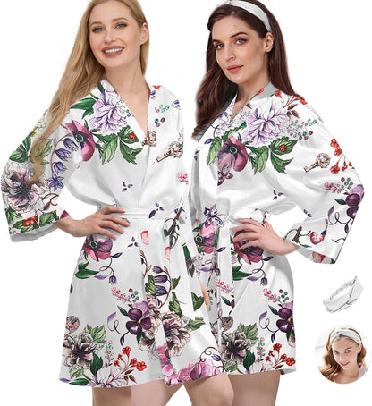 2Pcs Womens Floral Kimono Robe Silk Robes Bride Bridesmaid Satin Robes Bridal Dressing Gown Silky Bathrobe