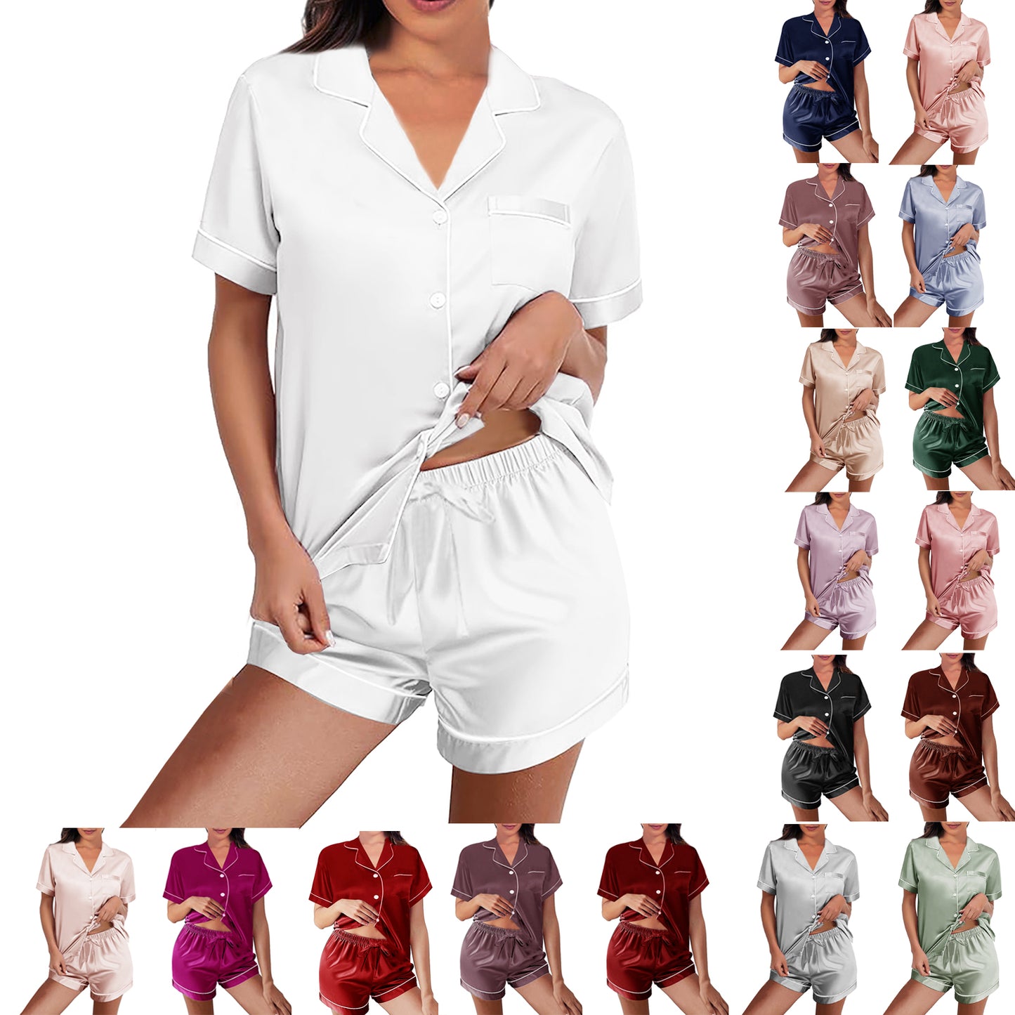 Womens Silk Satin Pajamas Loungewear Two-Piece Sleepwear Button-Down Floral Pj Set XS-4XL